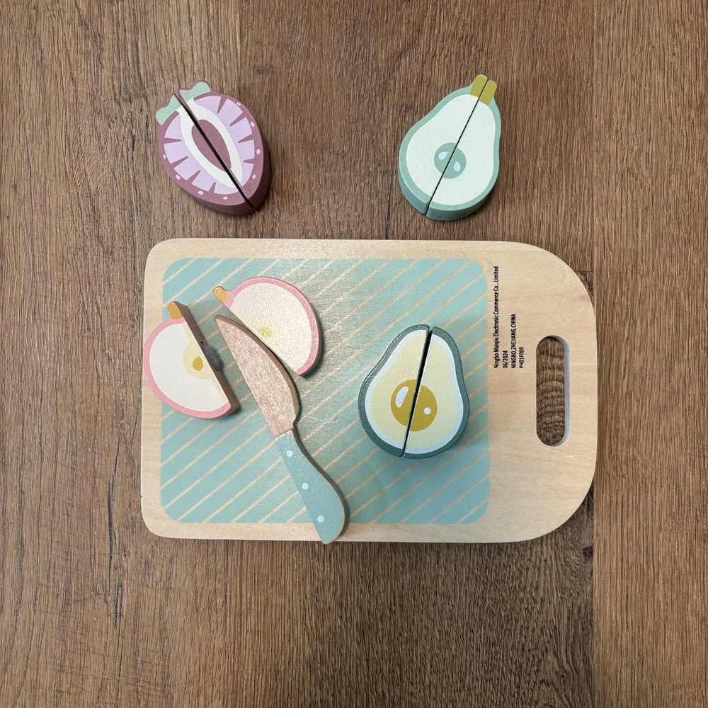 Montessori Wood Toy:‎ Chopping Fruit & Puzzle with Cutting Board. Skill Building